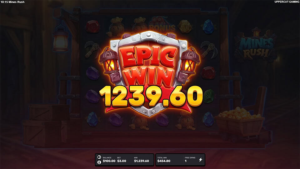 Epic Win screen in Mines Rush with a glowing shield emblem and lanterns, set against the reels inside a mine.