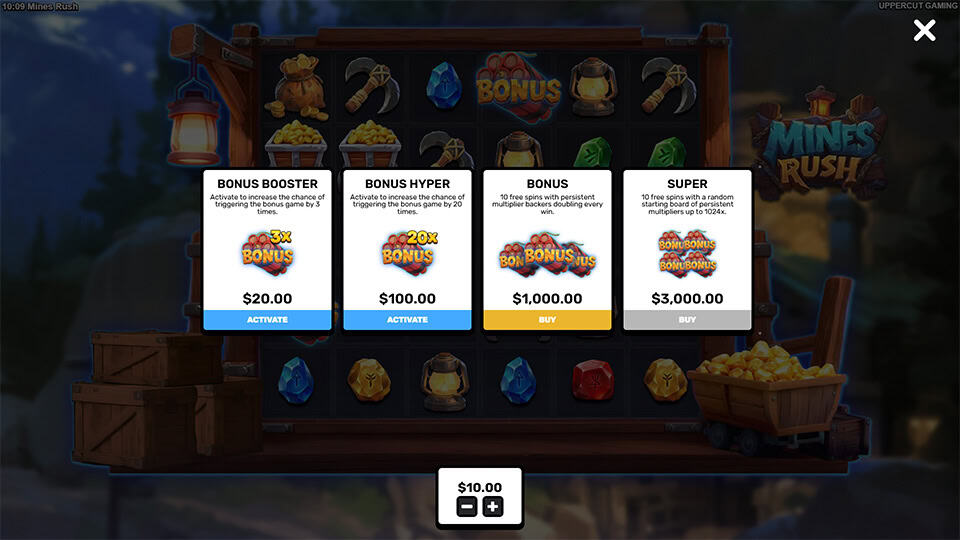 Bonus buy menu in Mines Rush offering options like Bonus Booster, Bonus Hyper, Bonus, and Super modes.