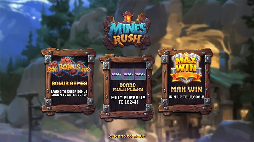 Intro panel of Mines Rush showing bonus games, multipliers up to 1024x, and a max win of 10,000x.
