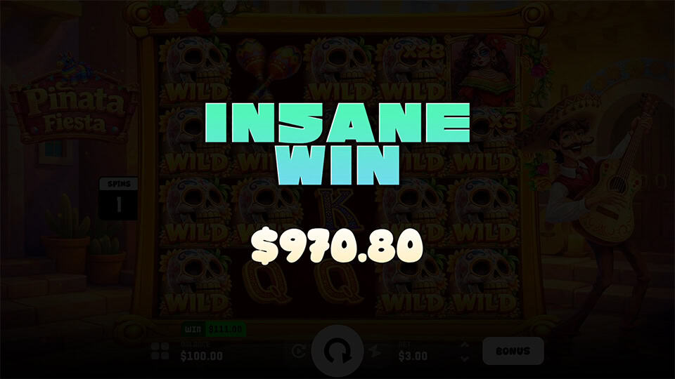 Big bold &ldquo;INSANE WIN&rdquo; text appears over a screen stacked with wild skulls and multipliers, with the background slightly dimmed for dramatic effect.
