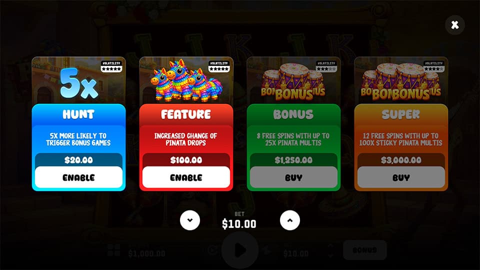 Bonus menu offering multiple purchase choices including pi&ntilde;ata features, extra free spins, and increased bonus trigger chances.