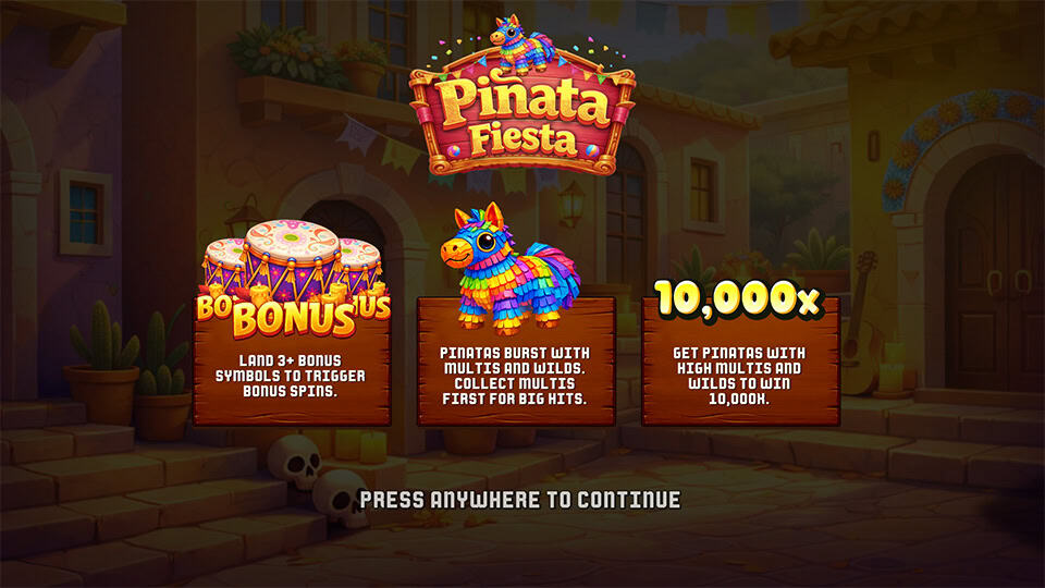 Welcome screen with feature highlights including pi&ntilde;atas, bonus triggers, and a 10,000x max win, set in a cozy festive alleyway.