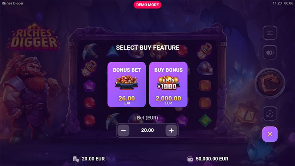 Buy feature menu in Riches Digger slot offering Bonus Bet and Buy Bonus options with selectable bet amounts.
