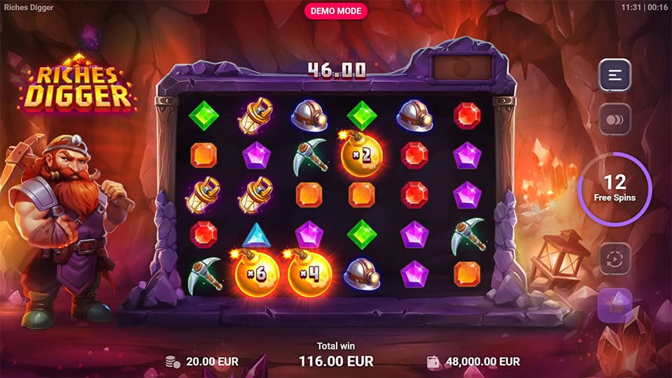 Active free spins round in Riches Digger slot showing multiplier bombs like &times;6, &times;4, and &times;2 exploding among gem symbols.