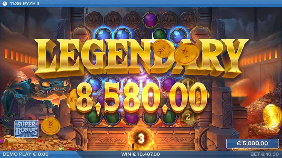 &ldquo;LEGENDARY&rdquo; banner with gold coins flying over glowing gem reels.