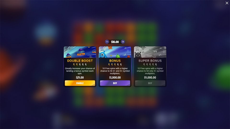 Buy Bonus menu in Space Party 1024 offering options like Double Boost, Bonus Spins, and Super Bonus for enhanced gameplay.