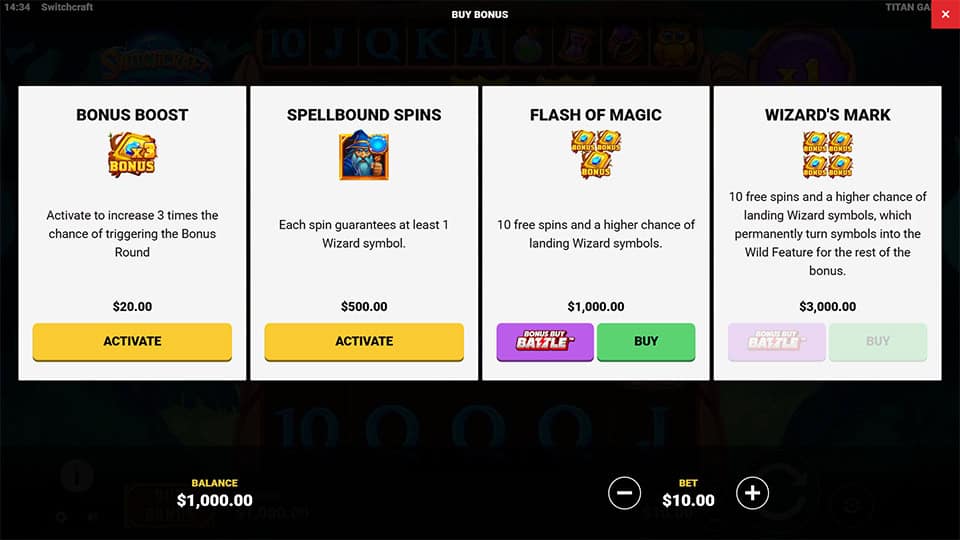 Bonus buy menu in Switchcraft slot featuring four options: Bonus Boost, Spellbound Spins, Flash of Magic, and Wizard&rsquo;s Mark for enhanced bonus access.