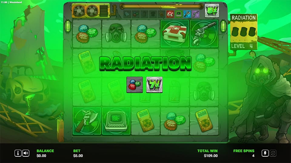 Wasteland gameplay with &ldquo;RADIATION&rdquo; effect glowing green, showing radiation level bar progression and bonus-enhancing symbols.