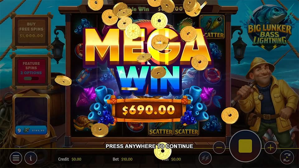 &ldquo;MEGA WIN&rdquo; message with coins flying over highlighted sea-themed reels.