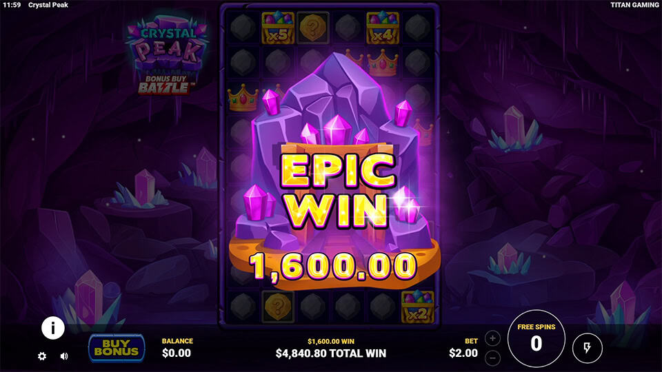 &ldquo;EPIC WIN&rdquo; message glowing over a giant pink crystal, with shards exploding behind.