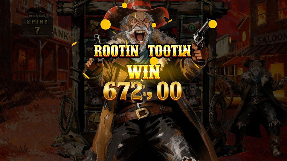 Grinning cowboy fires pistols with &ldquo;Rootin Tootin Win&rdquo; text and coin bursts.