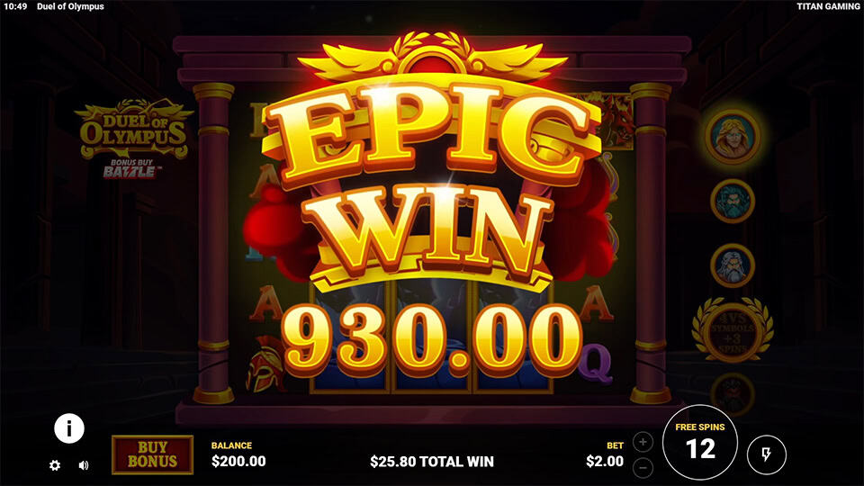 Massive &ldquo;EPIC WIN&rdquo; text glowing over reels during free spins.