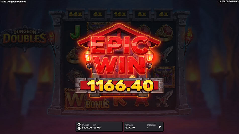 Reels fade into darkness as a blazing red &ldquo;EPIC WIN&rdquo; banner bursts onto the screen with dramatic glow and impact effect.