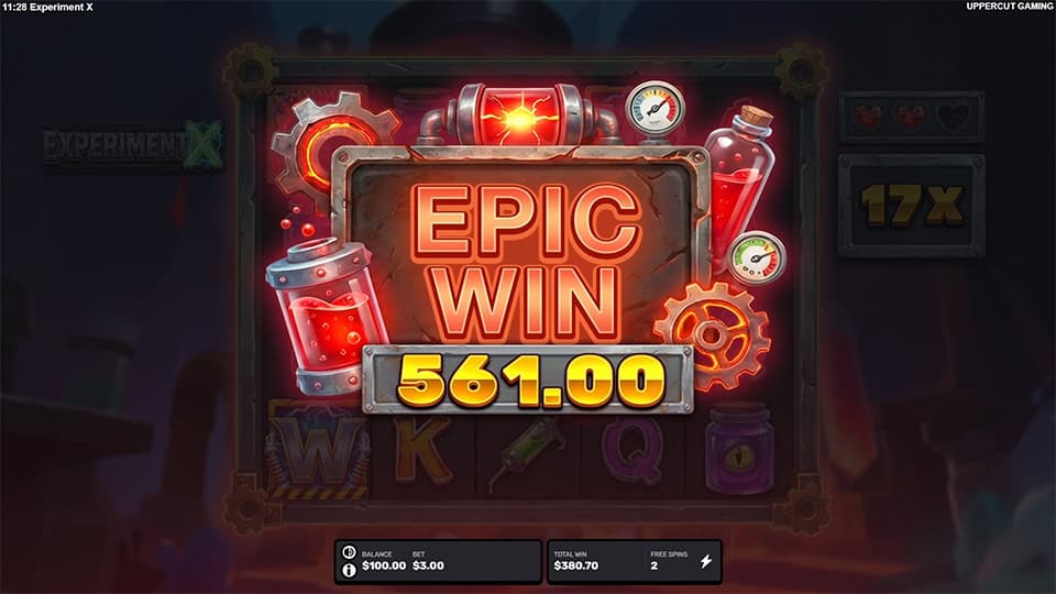 Big win screen showing &ldquo;EPIC WIN&rdquo; with a payout of 561.00 and lab-themed visuals in the background.
