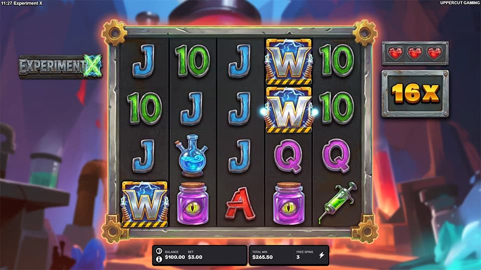 Free spins screen with &ldquo;W&rdquo; wild symbols stacked, 16x multiplier shown on the side, and hearts indicating remaining spins.