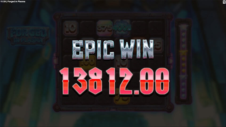 &ldquo;EPIC WIN&rdquo; appears in bold metallic letters with a red glow, over blurred reels stacked with multipliers and charge indicators.