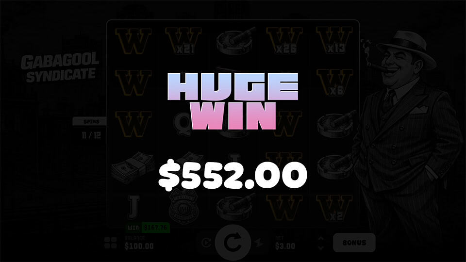 Bold &ldquo;HUGE WIN&rdquo; text in gradient pink-blue style displayed over a darkened screen with wilds and multipliers behind.