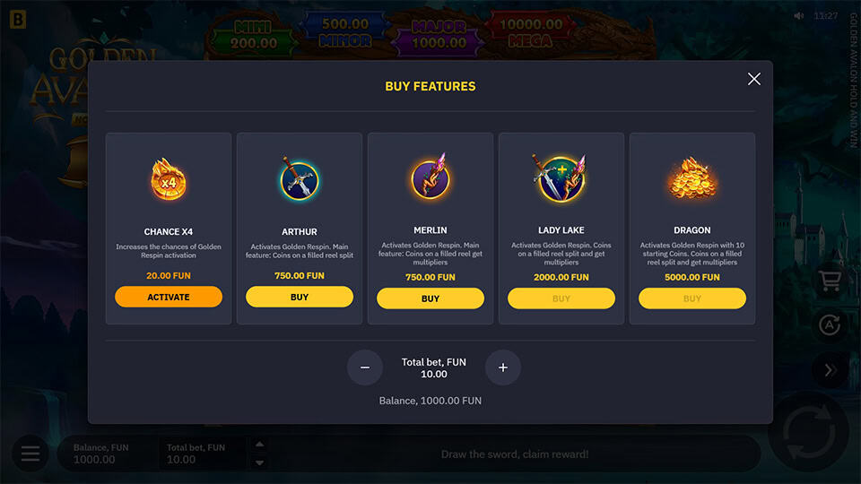 Golden Avalon Hold and Win slot bonus buy 1