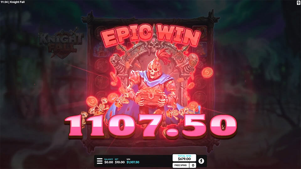 Red &ldquo;EPIC WIN&rdquo; message with glowing effects and armored skeleton warrior in the background.