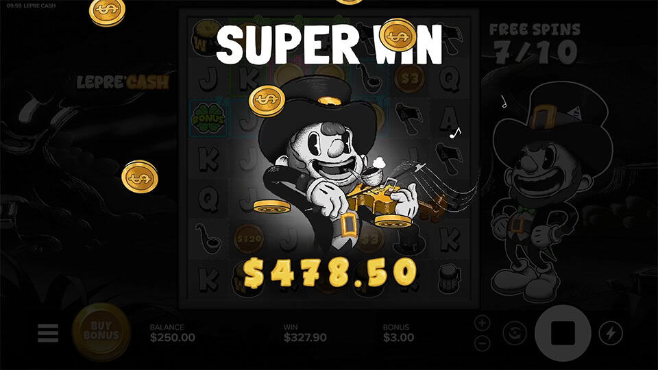 &ldquo;SUPER WIN&rdquo; banner glowing above the reels as gold coins burst around the smiling leprechaun during free spins.