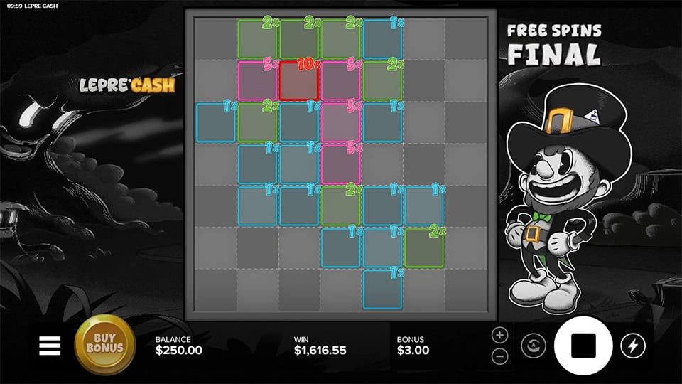 Gameplay grid filled with colored multiplier frames like 2x and 10x highlighting cluster positions during free spins.