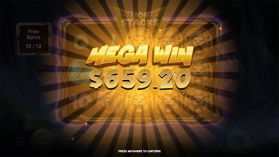 Bright &ldquo;MEGA WIN&rdquo; animation with golden rays and full lion reel stack visible in the background.