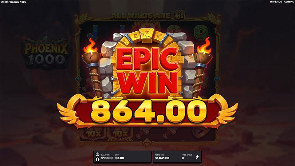 Big red and gold &ldquo;EPIC WIN&rdquo; display with torches.
