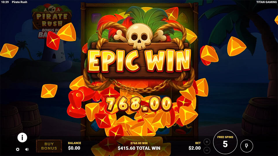 &ldquo;EPIC WIN&rdquo; sign bursts with gems and tropical leaves over dark reels.