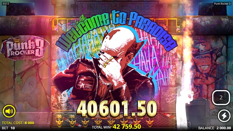 &ldquo;WELCOME TO PARADISE&rdquo; win screen with a rebellious punk rocker celebrating amid flames, graffiti, and explosive visual effects.