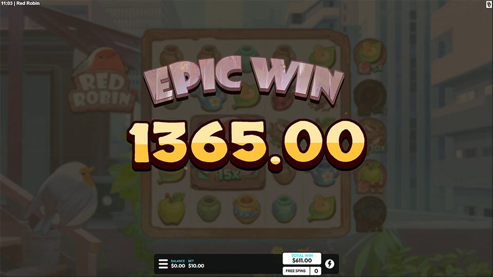 Dimmed background with large &ldquo;EPIC WIN&rdquo; text across the center and the win amount in bold gold font underneath.