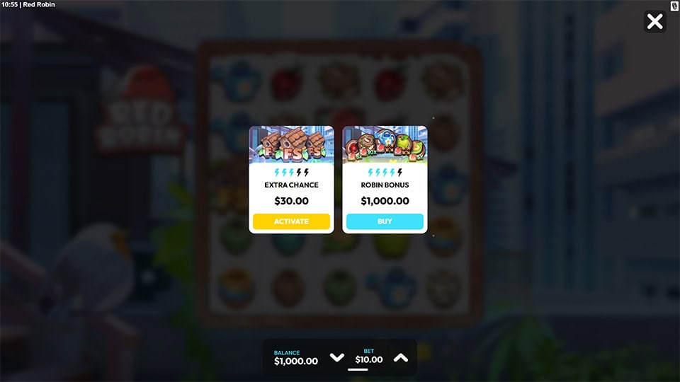 Bonus buy menu with &ldquo;Extra Chance&rdquo; and &ldquo;Robin Bonus&rdquo; options available for direct feature access.