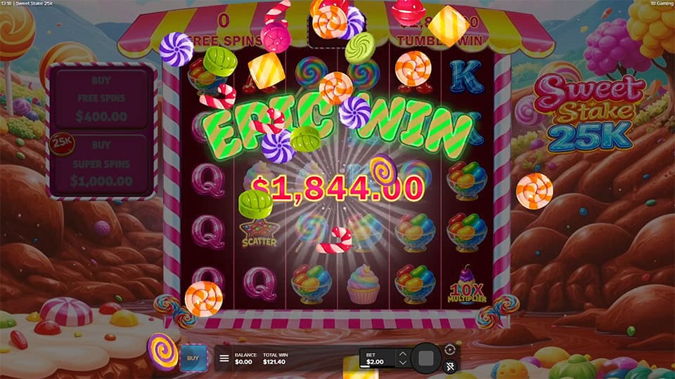 &ldquo;EPIC WIN&rdquo; text bursting across the reels with flying candies and glowing effects during a big tumble sequence.