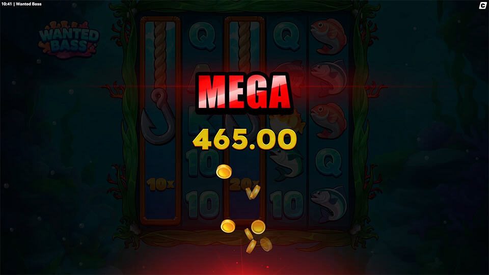 Darkened underwater scene with &ldquo;MEGA&rdquo; win message in bold red text and golden coins bursting upward from the reels.