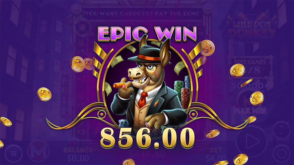 Mobster donkey in a suit appears under &ldquo;EPIC WIN&rdquo; as gold coins fly across a purple screen.