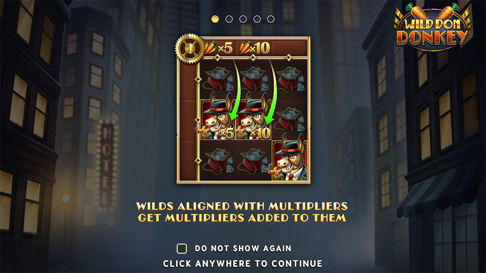 Tutorial slide showing wilds gaining multipliers when aligned with boosters.
