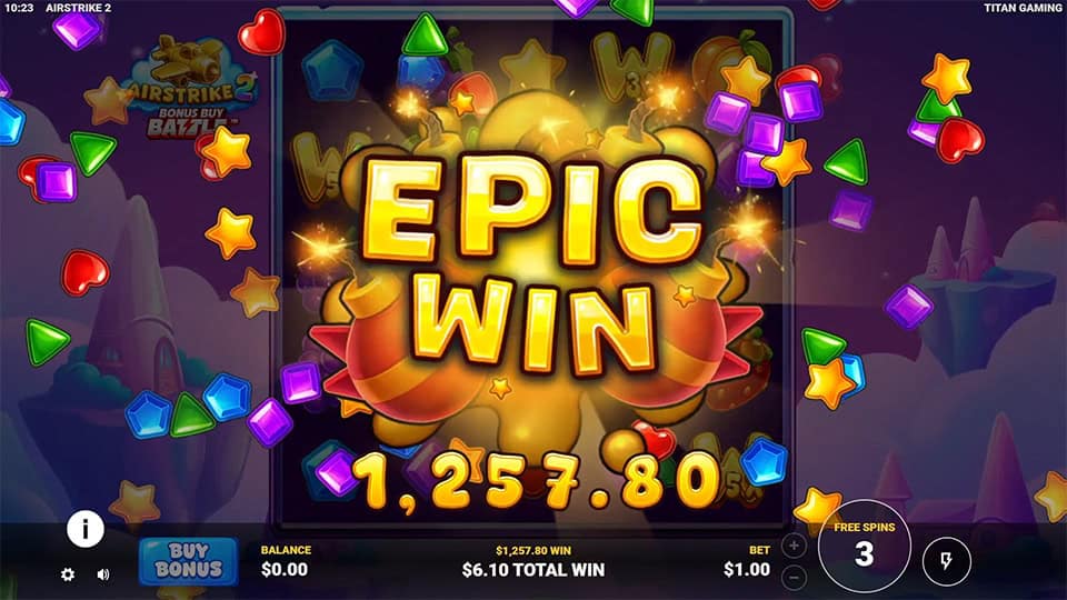 Golden &ldquo;EPIC WIN&rdquo; banner bursting with confetti and colorful symbols during an exciting free spins round.