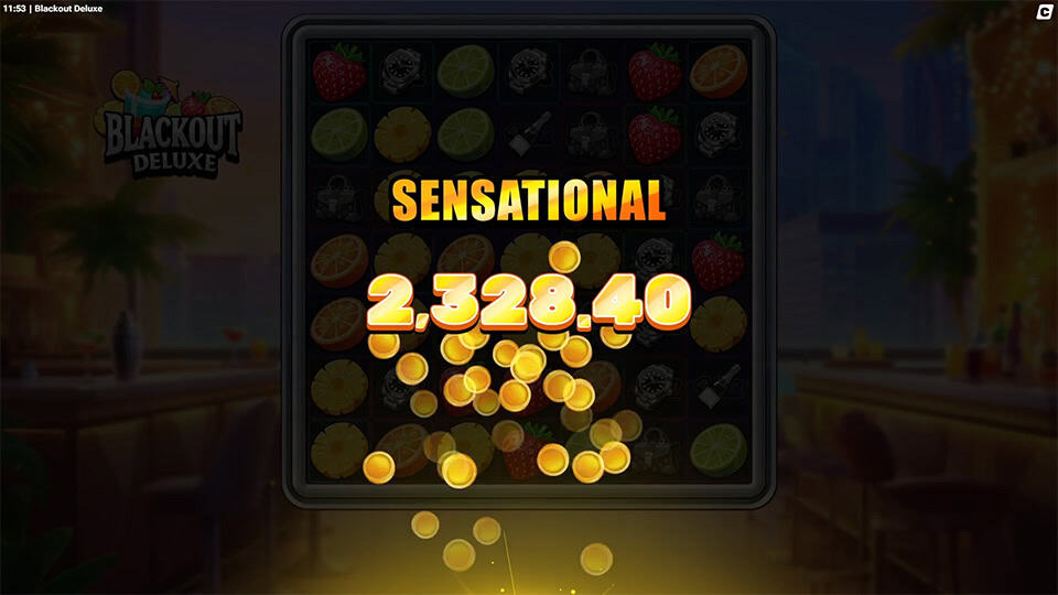 Glowing &ldquo;SENSATIONAL&rdquo; text bursting over the darkened reels with golden coins cascading down the screen.