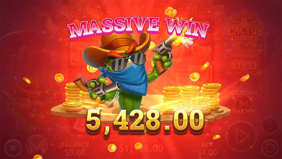 &ldquo;Massive Win&rdquo; text glowing in red as the cactus gunslinger fires revolvers with gold coins exploding across the screen.