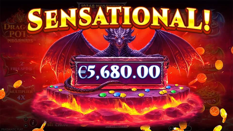 Fierce dragon emerging above a lava platform with blazing &ldquo;SENSATIONAL!&rdquo; text and cascading coins.