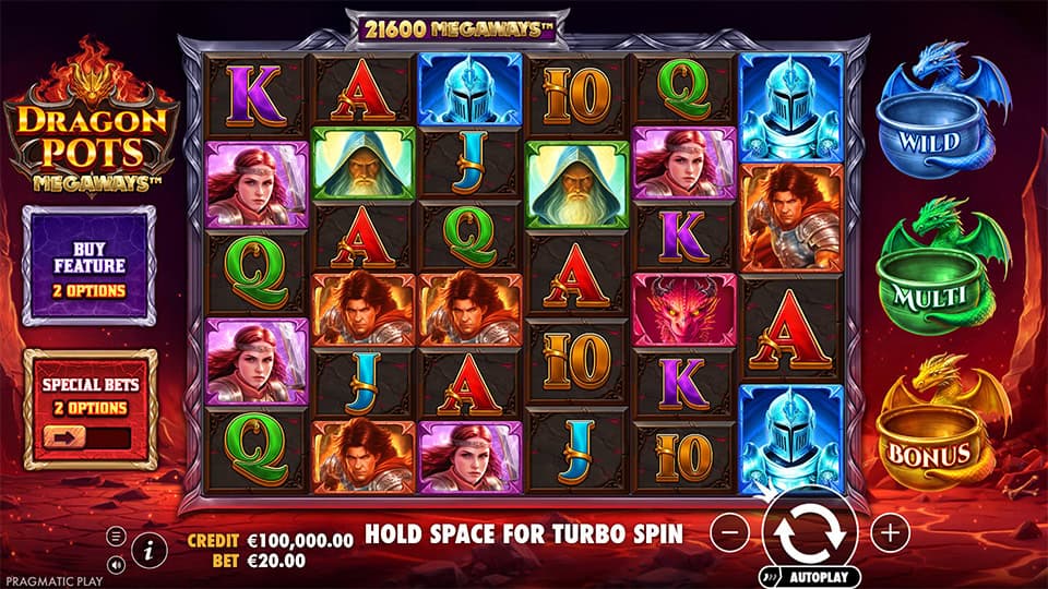 Megaways reels featuring warriors, dragons, magical symbols and colored pots set in a fiery fantasy environment.