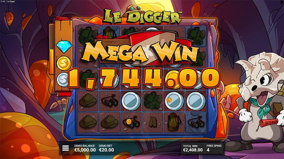 Colorful &ldquo;MEGA WIN&rdquo; banner bursting across the reels with coins and treasure symbols in a vibrant cave setting.