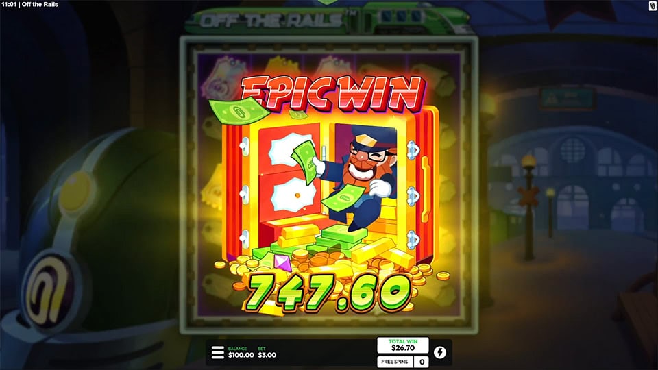 &ldquo;EPIC WIN&rdquo; banner flashing as a cartoon conductor bursts out of a vault with cash and gold coins flying.