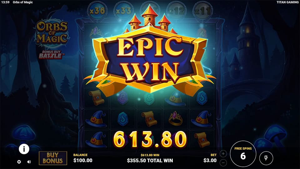 Golden &ldquo;EPIC WIN&rdquo; banner shining brightly over the magical reels with glowing multiplier counters above.