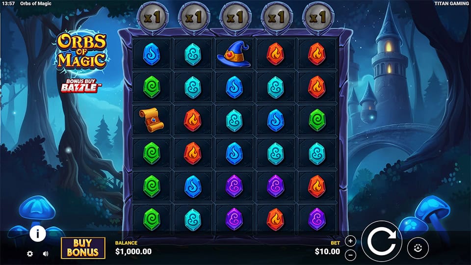 6x6 grid filled with colorful elemental orbs, wizard hats, scrolls and potions set in an enchanted woodland scene.