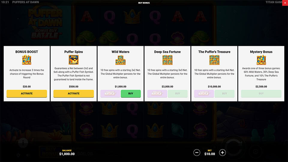 Buy Bonus menu showing Bonus Boost, Puffer Spins, Wild Waters, Deep Sea Fortune, The Puffer&rsquo;s Treasure and Mystery Bonus.