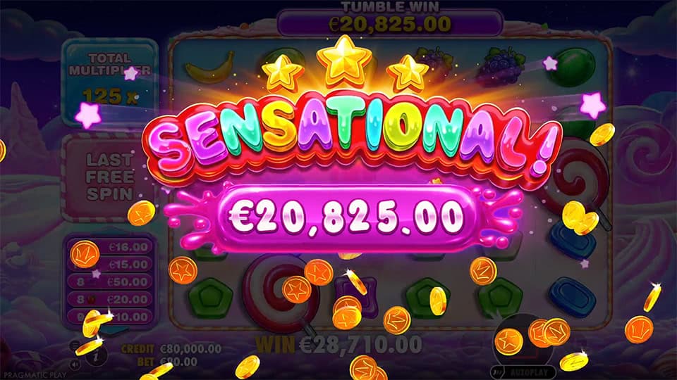 Bright &ldquo;SENSATIONAL!&rdquo; banner exploding in candy colors with coins flying across the screen during free spins.
