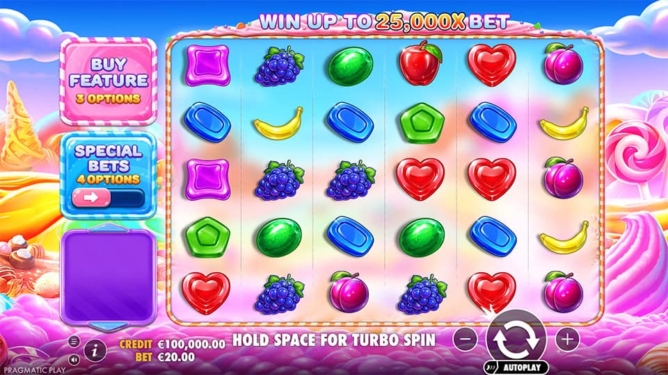 6x5 candy grid packed with fruits, heart candies, and gem sweets set against a vibrant pastel sky.