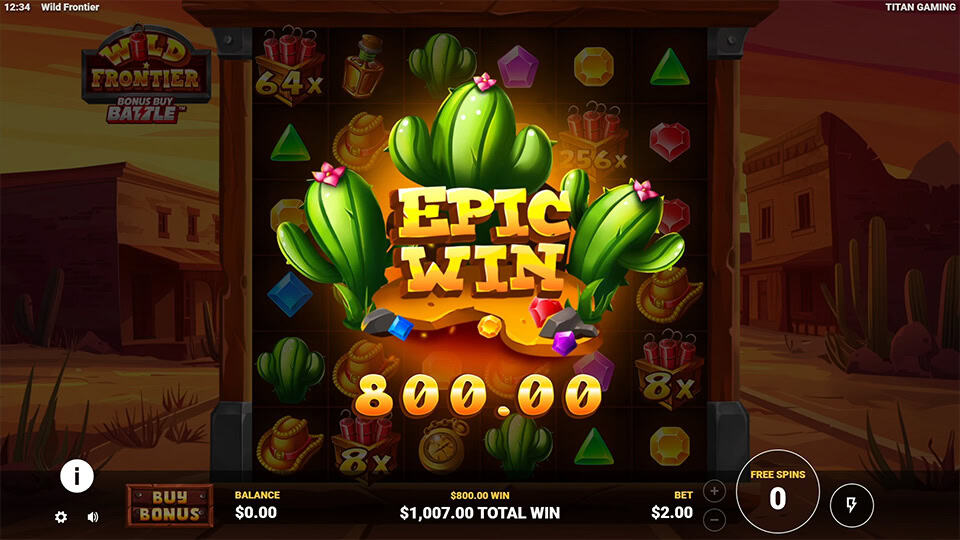 &ldquo;EPIC WIN&rdquo; text bursting through giant cacti as glowing multipliers like 64x and 256x appear on the reels.