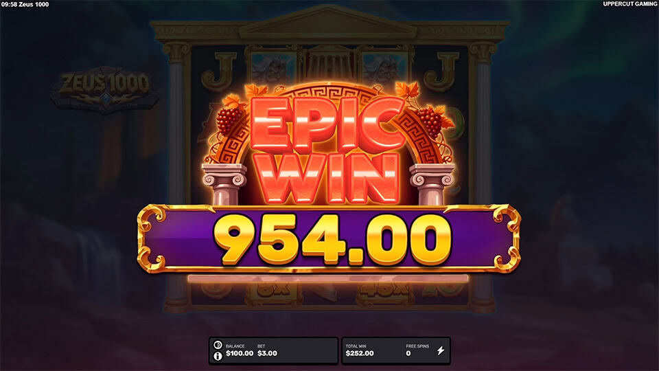Bright red &ldquo;EPIC WIN&rdquo; banner glowing in front of the Olympus temple with dramatic golden lighting effects.