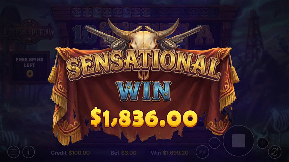 &ldquo;SENSATIONAL WIN&rdquo; banner displayed beneath crossed revolvers and a bull skull with dramatic Western-style effects.
